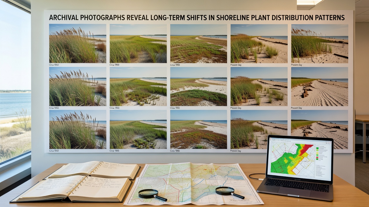 Researchers comparing historical and current shoreline photos in a lab setting with overlaid maps