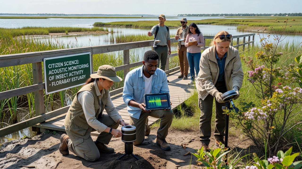 Acoustic sensor mounted near estuary grasses capturing insect sounds